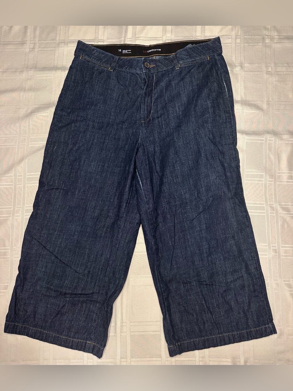 Liz Claiborne Women Size 14 Blue Denim Wide Leg Crop High-Rise 100% Cotton Jeans